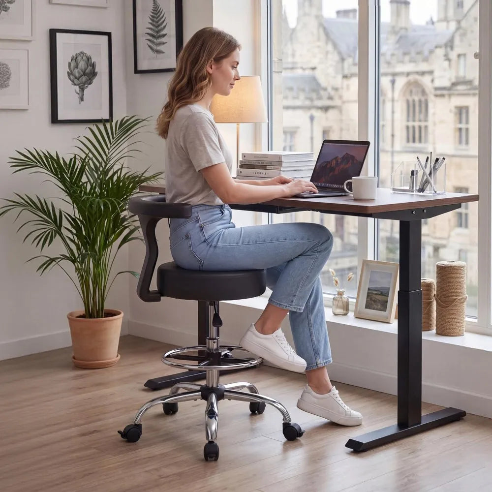 VEVOR Rolling Stool with Back Support, 500 lbs Weight Capacity, Height Adjustable, Thick Cushion Ergonomic PU Leather Seat, 360° Swivel Round Rolling Stool Chair for Dental, Salon, Clinic, Black