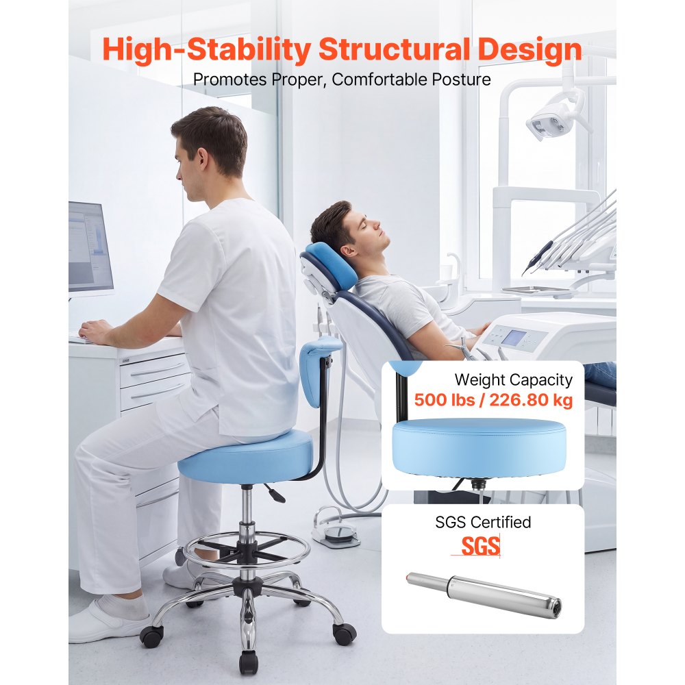 VEVOR Rolling Stool with Back Support, 500 lbs Weight Capacity, Height Adjustable, Thick Cushion Ergonomic PU Leather Seat, 360° Swivel Round Rolling Stool Chair for Dental, Salon, Clinic, Blue