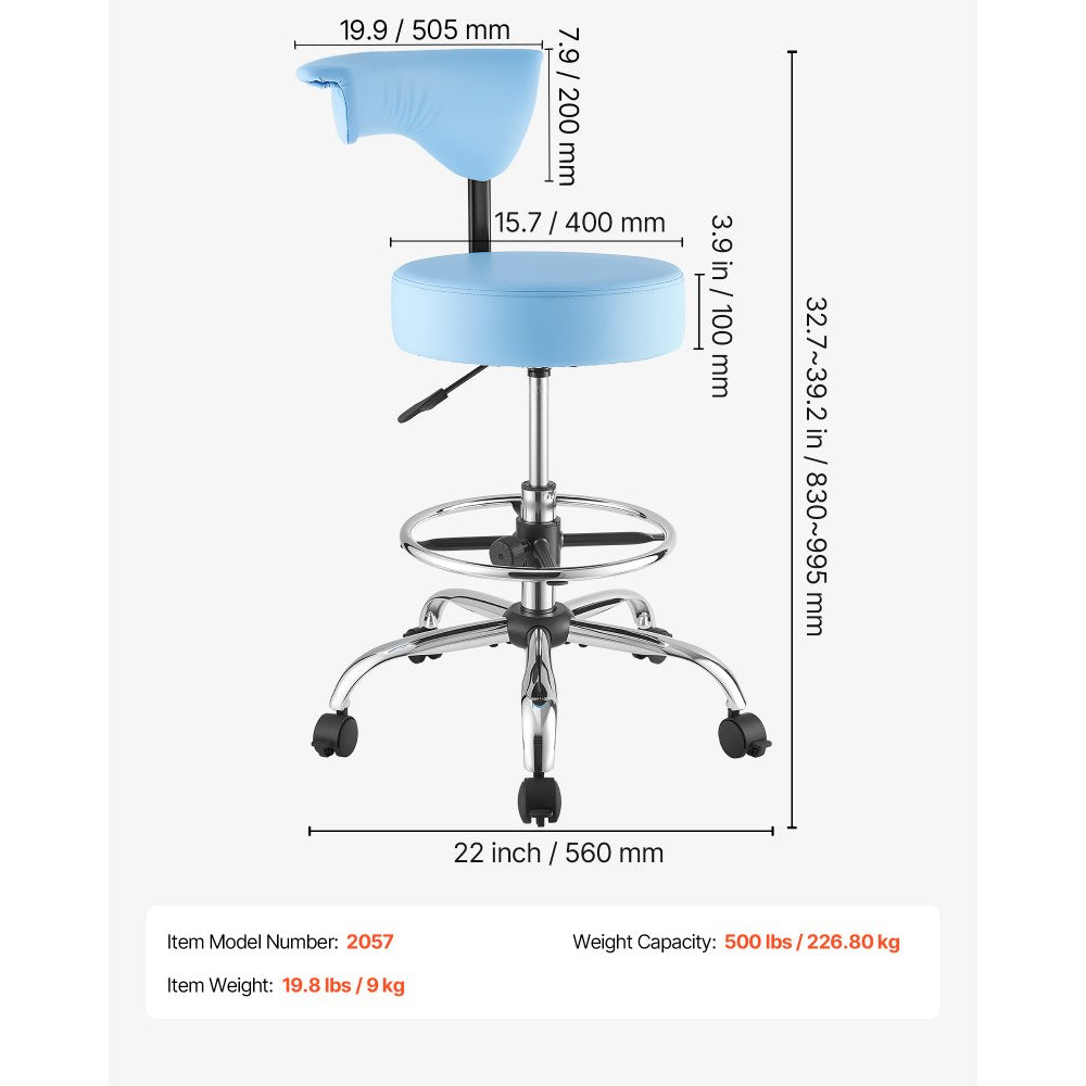 VEVOR Rolling Stool with Back Support, 500 lbs Weight Capacity, Height Adjustable, Thick Cushion Ergonomic PU Leather Seat, 360° Swivel Round Rolling Stool Chair for Dental, Salon, Clinic, Blue