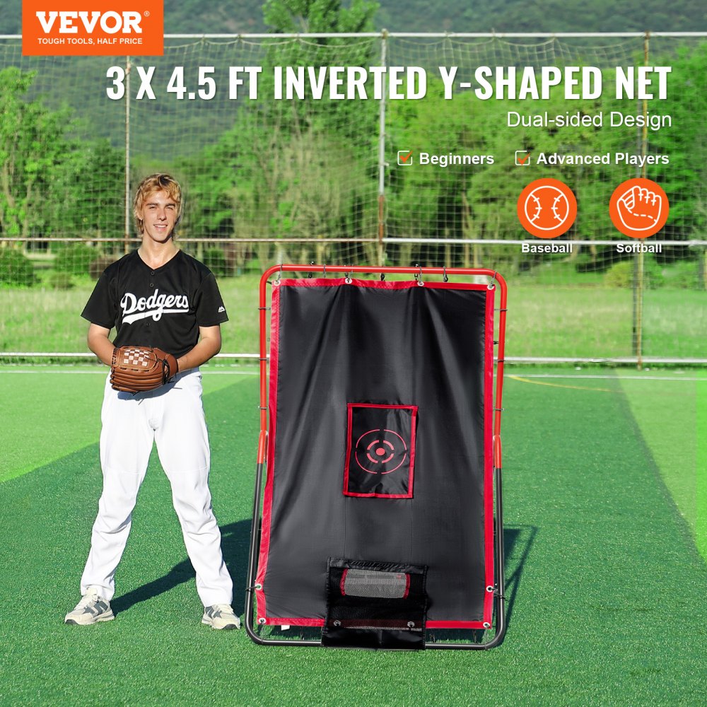 VEVOR Baseball And Softball Rebounder Net, 3.5 x 4.5 ft 2-in-1 Switch Hitter Pitch Trainer, PitchBack Baseball Pitching Return Trainer Nest, Bounce Back Net for Fielding/Throwing Practice