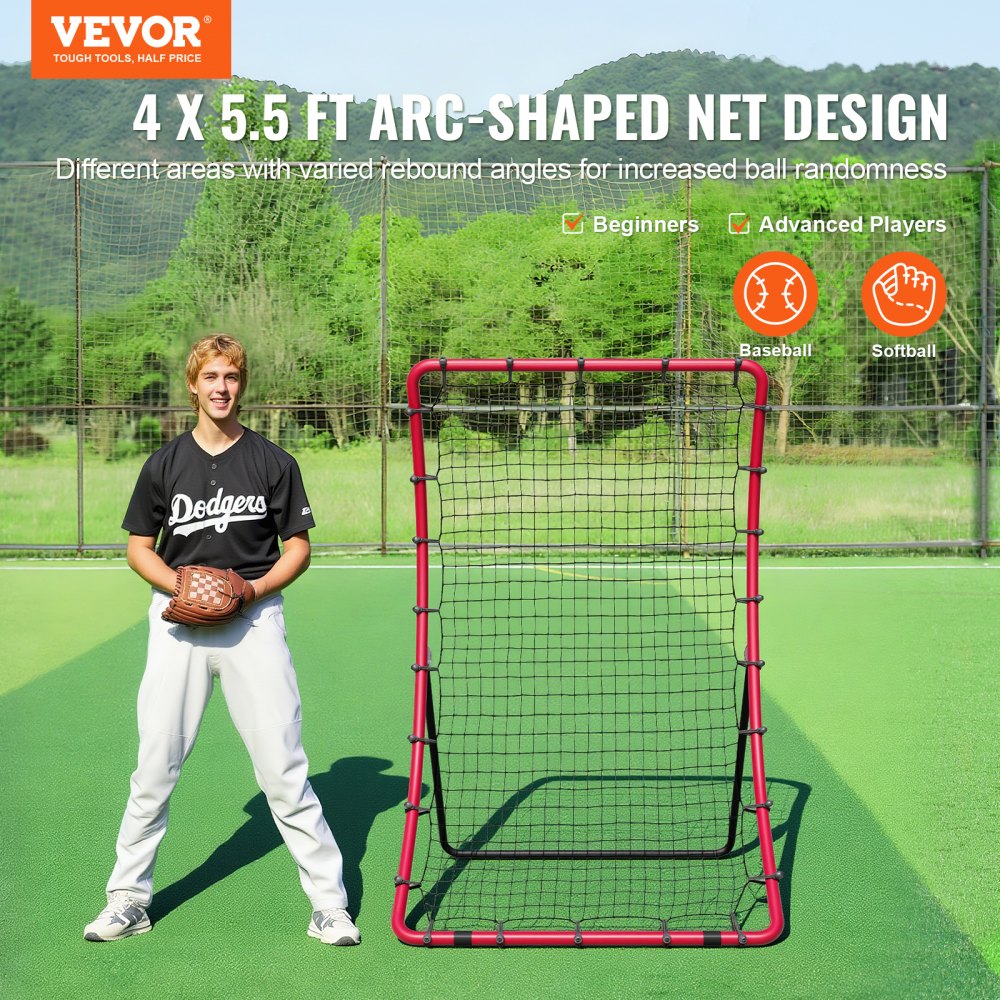 VEVOR Baseball And Softball Rebounder Net, 4 x 5.5 ft PitchBack Baseball Pitching Nest, Pitch Return Trainer Rebound Net with Pitching Target, All Angle Fielding Rebound Net for Grounders Pop Flies