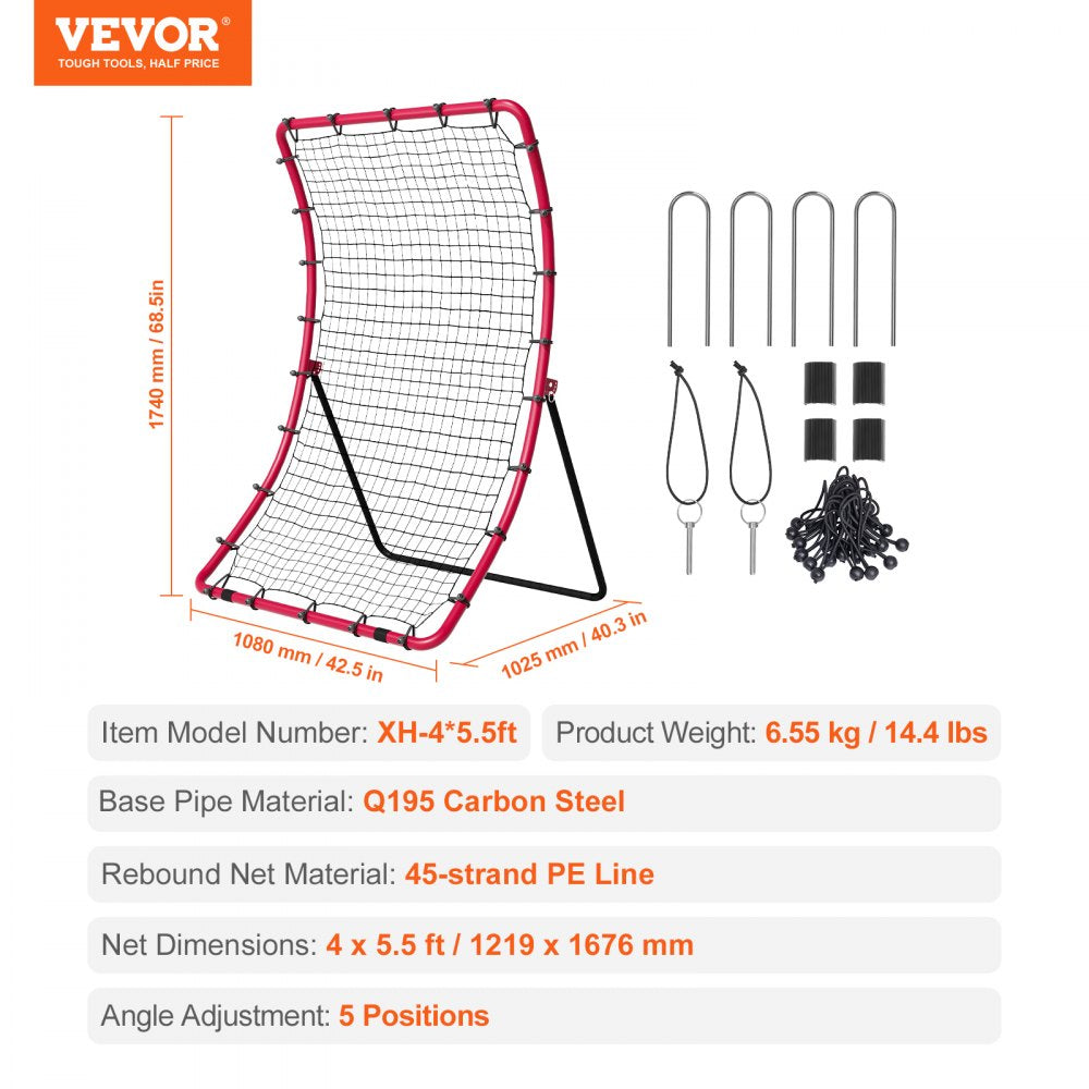 VEVOR Baseball And Softball Rebounder Net, 4 x 5.5 ft PitchBack Baseball Pitching Nest, Pitch Return Trainer Rebound Net with Pitching Target, All Angle Fielding Rebound Net for Grounders Pop Flies