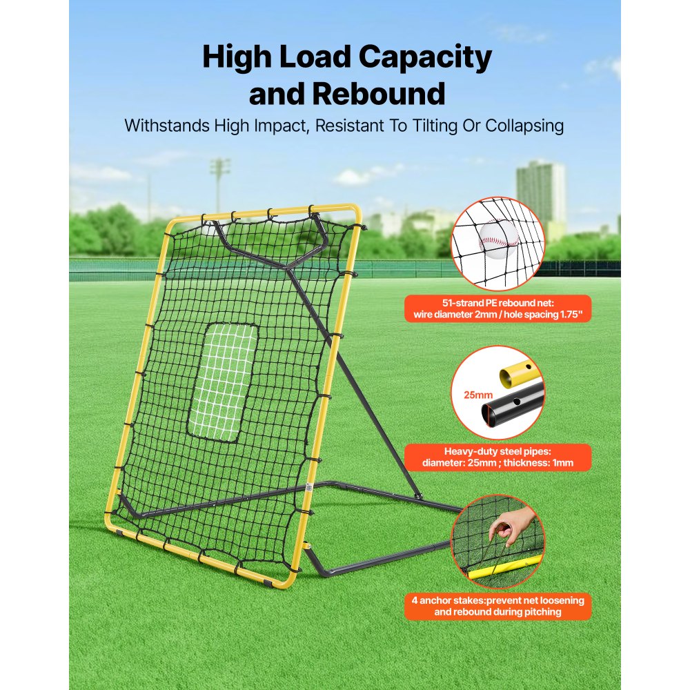 VEVOR Baseball Softball Rebounder Net 4 x 4.5 ft Pitch Back Trainer Target, 4 Adjustable Angles with Strike Zone, Steel Frame, Bounce Back Net for Pitching & Fielding Training, Return Practice