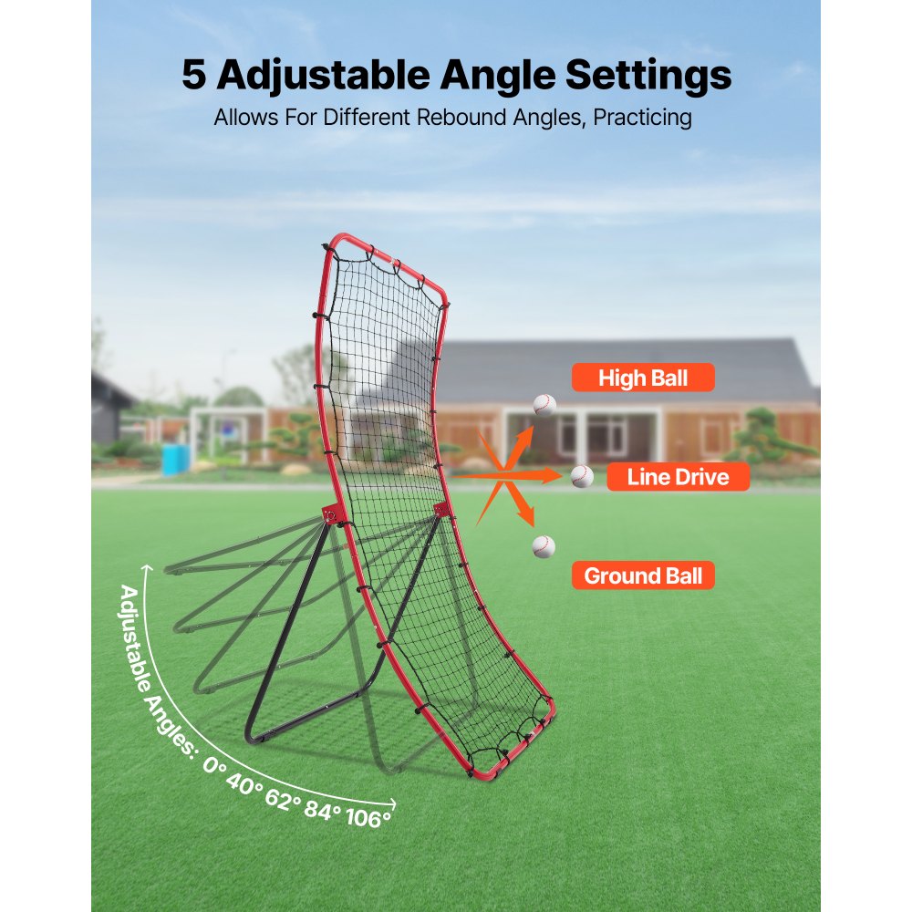 VEVOR Baseball Softball Rebounder Net 4 x 5.5 ft Pitch Back Trainer, 5 Adjustable Angles, Heavy-duty Steel Frame, All Angle Bounce Back Net for Pitching & Fielding Training Aid, Return Practice