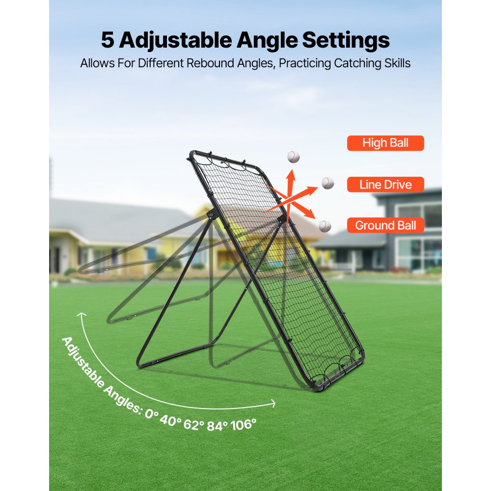 VEVOR Baseball Softball Rebounder Net 4 x 6 ft Pitch Back Trainer Target, 5 Adjustable Angles with Strike Zone, Steel Frame, Bounce Back Net for Pitching & Fielding Training, Return Practice