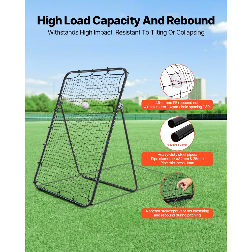 VEVOR Baseball Softball Rebounder Net 4 x 6 ft Pitch Back Trainer Target, 5 Adjustable Angles with Strike Zone, Steel Frame, Bounce Back Net for Pitching & Fielding Training, Return Practice