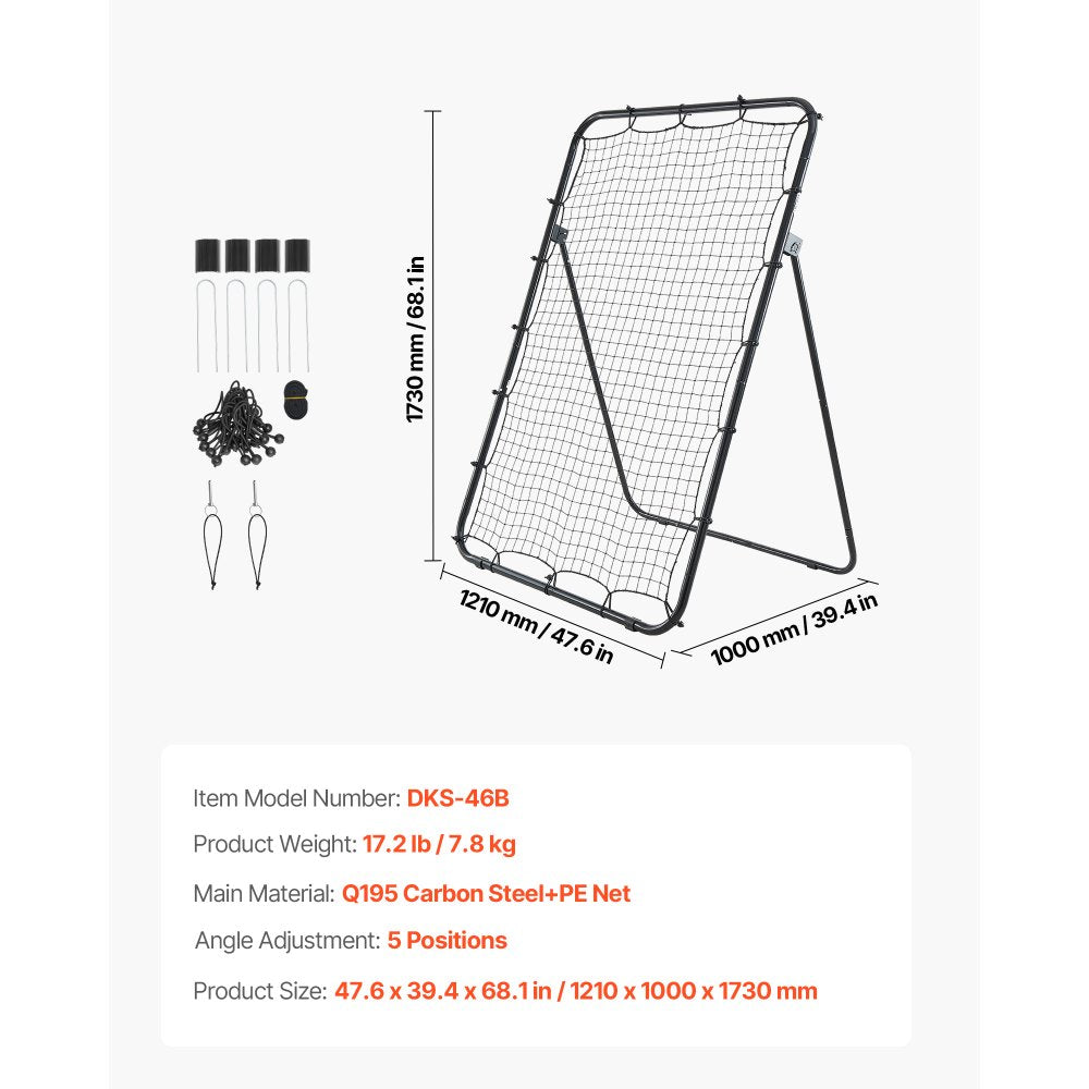 VEVOR Baseball Softball Rebounder Net 4 x 6 ft Pitch Back Trainer Target, 5 Adjustable Angles with Strike Zone, Steel Frame, Bounce Back Net for Pitching & Fielding Training, Return Practice