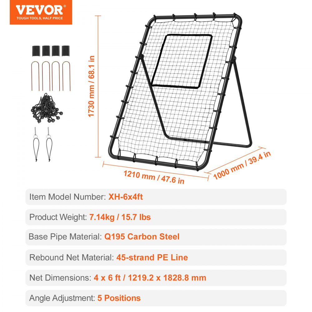 VEVOR Baseball And Softball Rebounder Net, 4 x 6 Feet PitchBack Baseball Nest for Pitching and Fielding Training, Pitch Return Trainer Rebound Net with Pitching Target, 4 Adjustable Angles