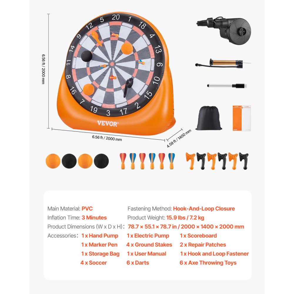 VEVOR Inflatable Soccer Dart Board, over 6 ft High Giant Soccer Dart Board with 4 Kick Balls 6 Darts 6 Axe & Air Pump, 3-Min Setup, Ideal for Giant Yard Games, Giant Kick Darts Game, Soccer Dart Game