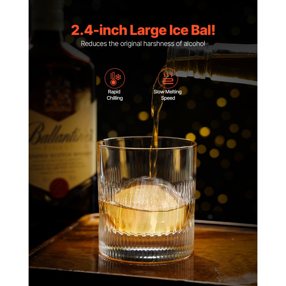 VEVOR Ice Ball Press Kit, Aviation Aluminum Ice Press with Ice Block Mold, Large Mat, Tong, Drip Tray, One Glass, Round Ice Ball Maker 2.4"/60 mm Ice Sphere, for Whiskey, Cocktail on Party & Holiday