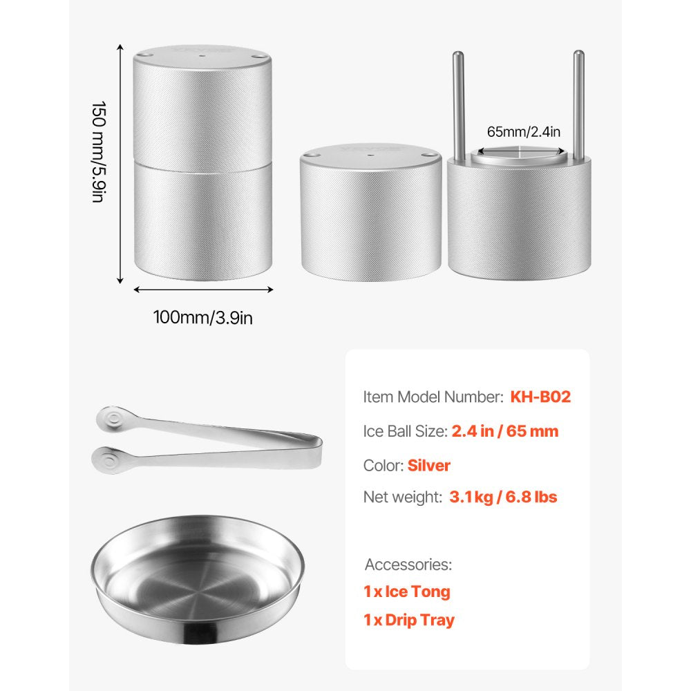VEVOR Ice Diamond Press, 2.4" Ice Ball Maker, Aviation Aluminum Diamond Ice Ball Press Kit for Ice Diamond, Ice Press with Tong and Drip Tray, for Whiskey, Cocktail, Bourbon, Scot on Party & Holiday
