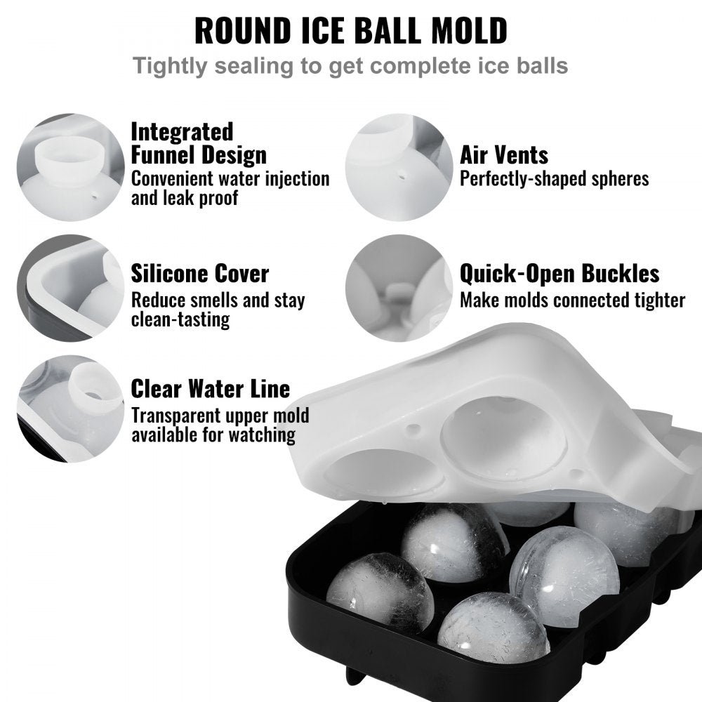 VEVOR Ice Cube Trays (Set of 2), 2-in-1 Combo with Silicone Sphere Ice Ball Maker & Large Square Ice Cube Maker with Lid, Reusable Easy Release BPA Free Ice Tray Set for Whiskey Cocktails Bourbon