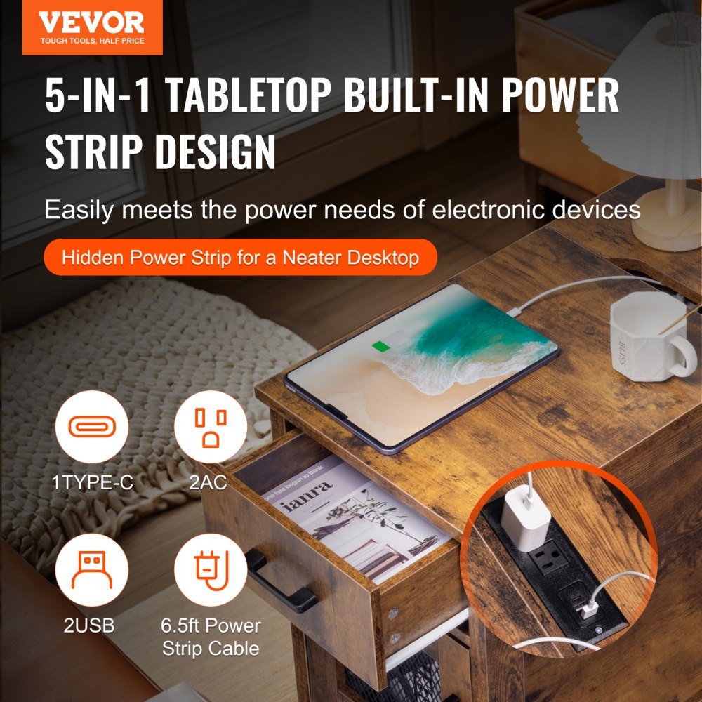 VEVOR Farmhouse End Table, Nightstand with Charging Station, 3 Tiers End Table with Storage Cabinet and 1 Drawer, Side Table with USB Ports and Outlets, Ideal for Living Room, Bedroom, Burlywood