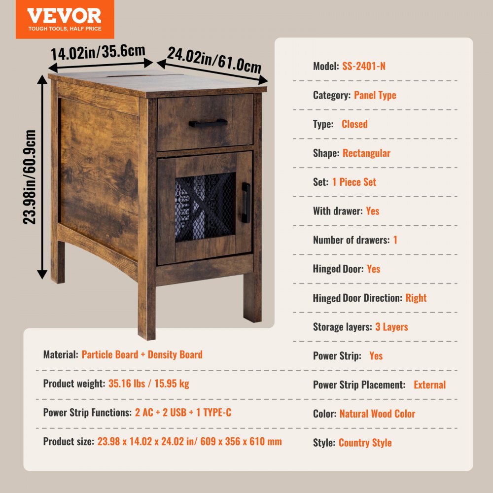 VEVOR Farmhouse End Table, Nightstand with Charging Station, 3 Tiers End Table with Storage Cabinet and 1 Drawer, Side Table with USB Ports and Outlets, Ideal for Living Room, Bedroom, Burlywood