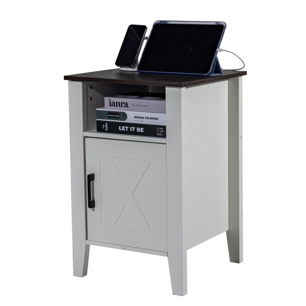 VEVOR Farmhouse End Table Set of 2, Nightstand with Charging Station, 3 Tiers Side Table with Storage Cabinet, End Table with USB Ports and Outlets, Ideal for Living Room, Bedroom, Office, White
