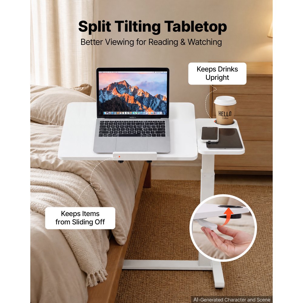 VEVOR Overbed Table 31.5"W x 15.7"D Mobile Bedside Table with Wheels White, for Home Office Bed Couch, Height Adjustable Rolling Laptop Desk, Portable Standing Cart with Tilting Desktop & Cup Holder