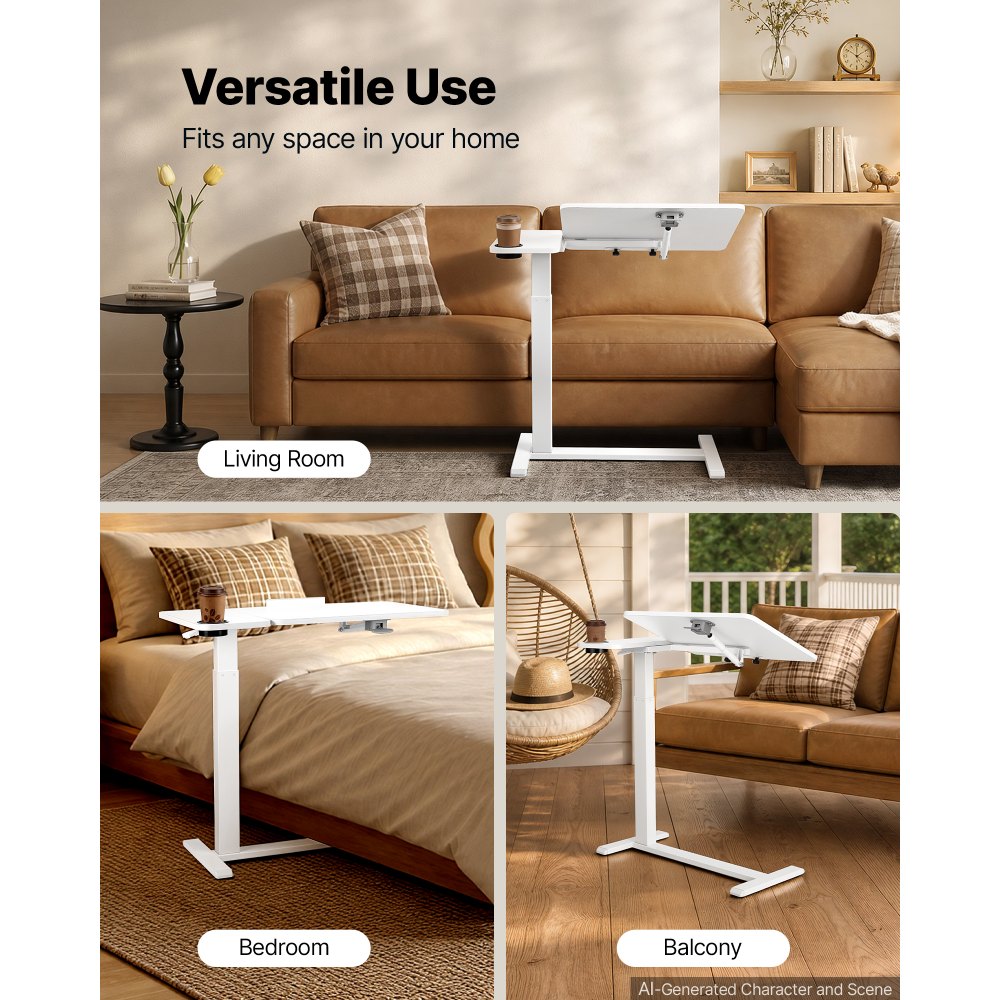 VEVOR Overbed Table 31.5"W x 15.7"D Mobile Bedside Table with Wheels White, for Home Office Bed Couch, Height Adjustable Rolling Laptop Desk, Portable Standing Cart with Tilting Desktop & Cup Holder