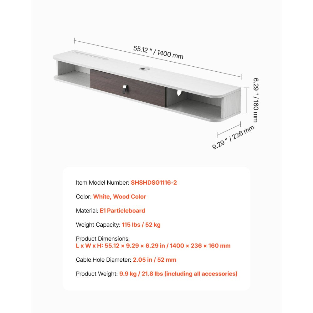 VEVOR Floating TV Stand, 55 in Wall Mount Entertainment Center with Cable Hole, Modern Floating TV Shelf with Storage Cabinet, Particle Board Console for DVD Player, Cable Box, Game Console, White
