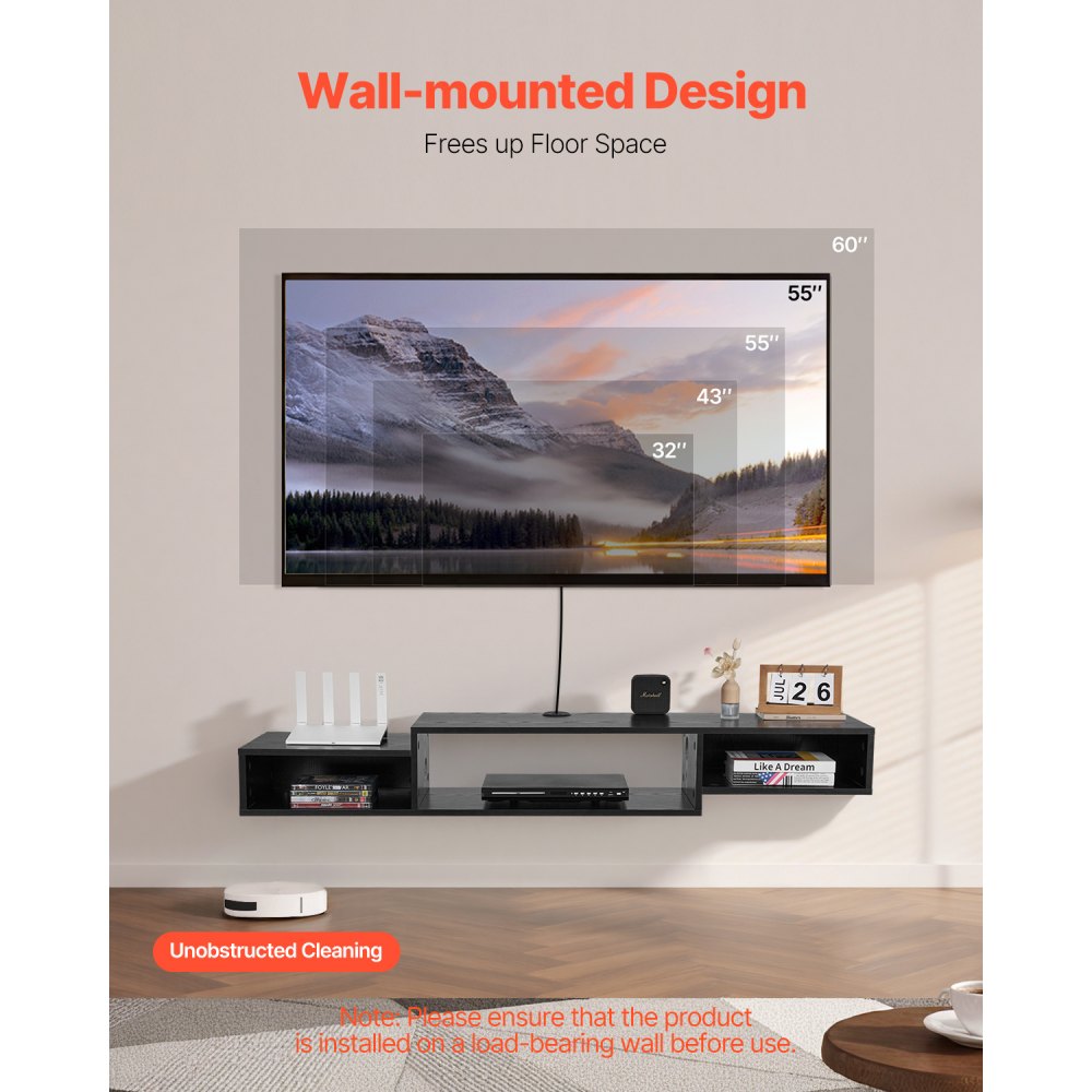 VEVOR Floating TV Stand, 59" Wall Mount Entertainment Center with Power Outlet & Cable Hole, Modern Floating TV Shelf with Storage Cabinet for DVD Player, Cable Box, Game Console, TV Accessory, Black