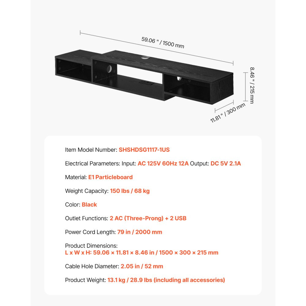 VEVOR Floating TV Stand, 59" Wall Mount Entertainment Center with Power Outlet & Cable Hole, Modern Floating TV Shelf with Storage Cabinet for DVD Player, Cable Box, Game Console, TV Accessory, Black