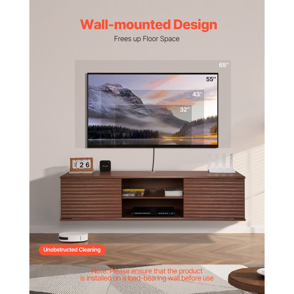 VEVOR Floating TV Stand, 60" Wall Mount Entertainment Center with Adjustable Shelf & Sliding Doors, 2 Tiers Floating TV Shelf with Storage Cabinet for DVD Player, Cable Box, Game Console, Walnut