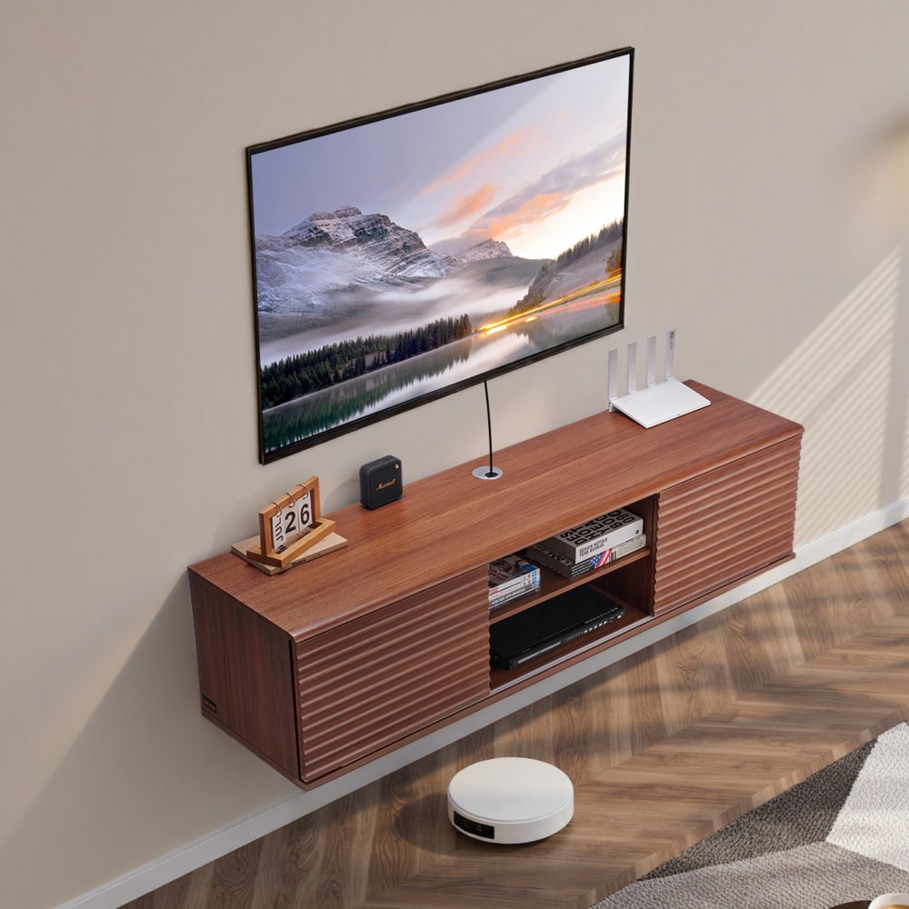 VEVOR Floating TV Stand, 60" Wall Mount Entertainment Center with Adjustable Shelf & Sliding Doors, 2 Tiers Floating TV Shelf with Storage Cabinet for DVD Player, Cable Box, Game Console, Walnut
