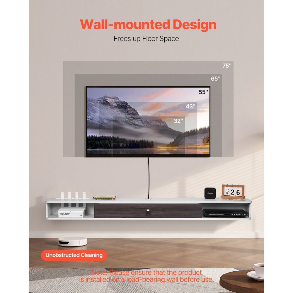 VEVOR Floating TV Stand, 70 in Wall Mount Entertainment Center with Cable Hole, Modern Floating TV Shelf with Storage Cabinet, Particle Board Console for DVD Player, Cable Box, Game Console, White