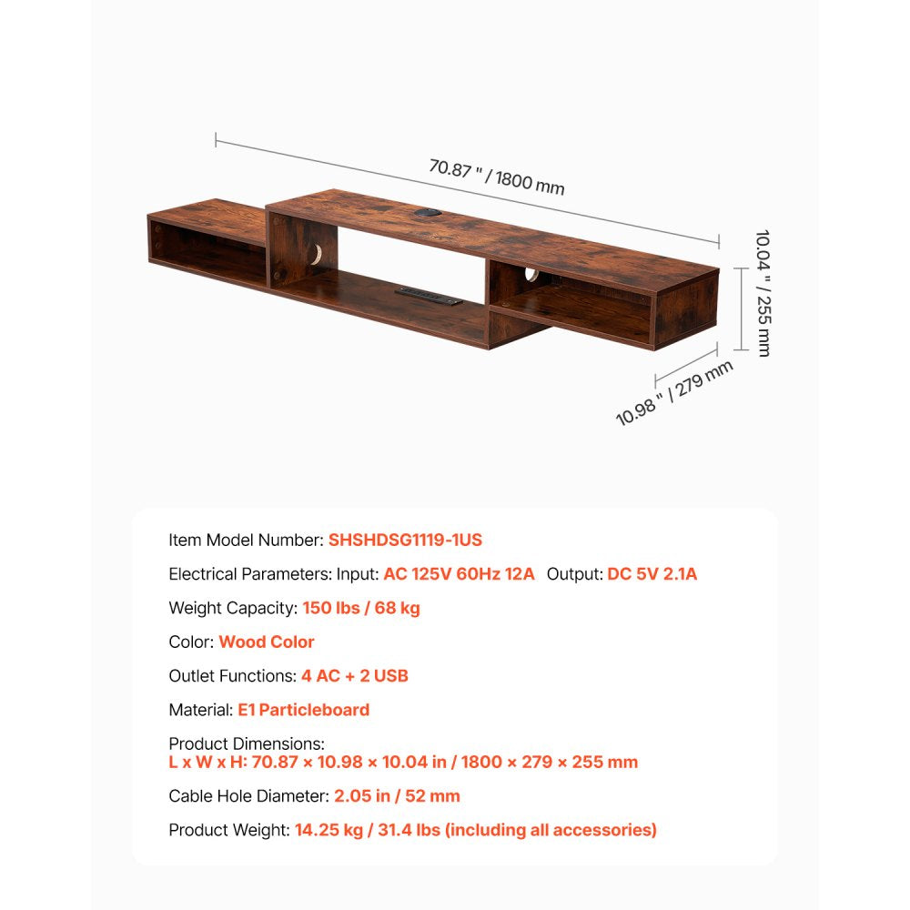 VEVOR Floating TV Stand, 70" Wall Mount Entertainment Center with Power Outlet & Cable Hole, Modern Floating TV Shelf with Storage Cabinet for DVD Player, Cable Box, Game Console, TV Accessory, Wood