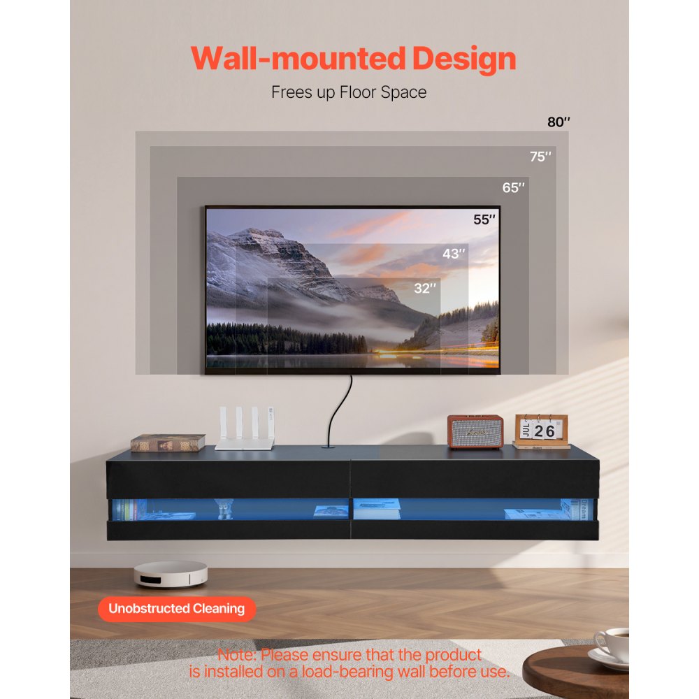 VEVOR Floating TV Stand, 71 in Wall Mount Entertainment Center with Power Outlet & LED Lights, Modern Floating TV Shelf with 2 Drawers & Storage Cabinet for DVD Player, Cable Box, Game Console, Black