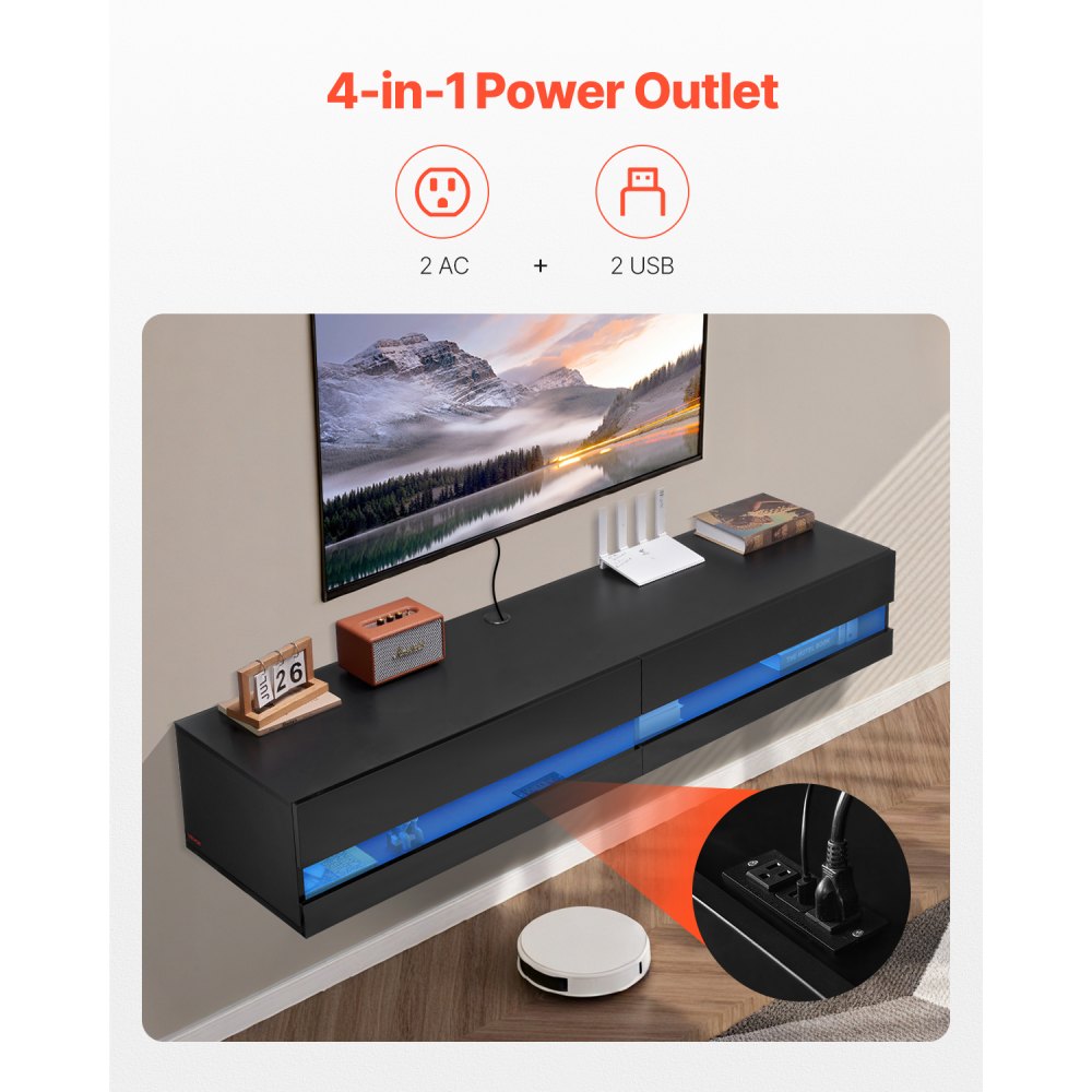 VEVOR Floating TV Stand, 71 in Wall Mount Entertainment Center with Power Outlet & LED Lights, Modern Floating TV Shelf with 2 Drawers & Storage Cabinet for DVD Player, Cable Box, Game Console, Black
