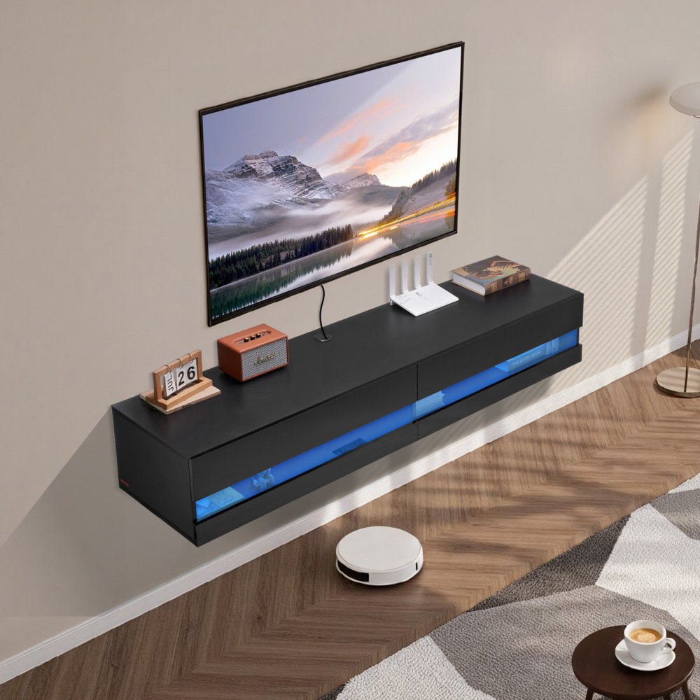 VEVOR Floating TV Stand, 71 in Wall Mount Entertainment Center with Power Outlet & LED Lights, Modern Floating TV Shelf with 2 Drawers & Storage Cabinet for DVD Player, Cable Box, Game Console, Black