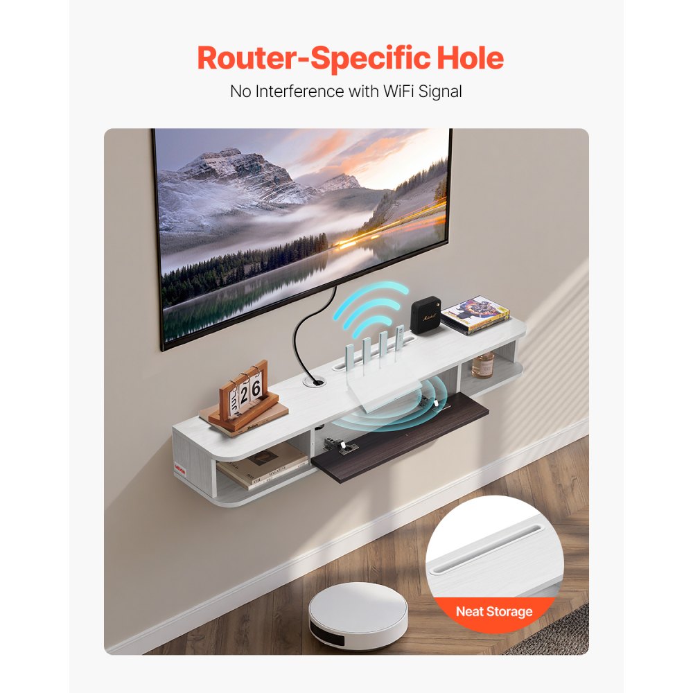 VEVOR Floating TV Stand, 47 in Wall Mount Entertainment Center with Cable Hole, Modern Floating TV Shelf with Storage Cabinet, Particle Board Console for DVD Player, Cable Box, Game Console, White