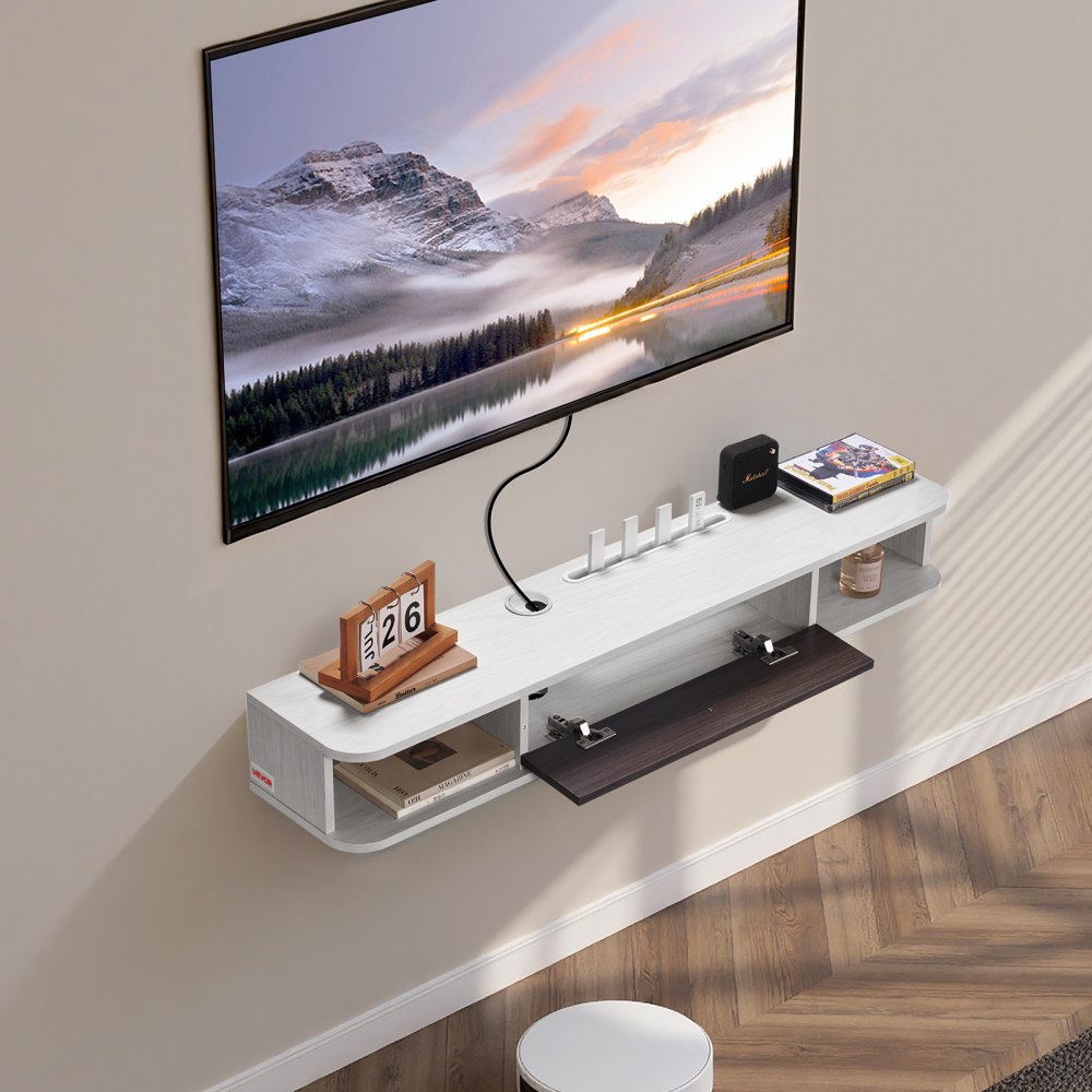 VEVOR Floating TV Stand, 47 in Wall Mount Entertainment Center with Cable Hole, Modern Floating TV Shelf with Storage Cabinet, Particle Board Console for DVD Player, Cable Box, Game Console, White
