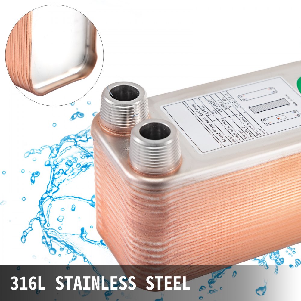 VEVOR Heat Exchanger 3\"x7.5\" 30 Plates Brazed Plate Heat Exchanger 316L 3/4\" MPT Heat Exchanger B12-30 Beer Wort Chiller for Hydronic Heating