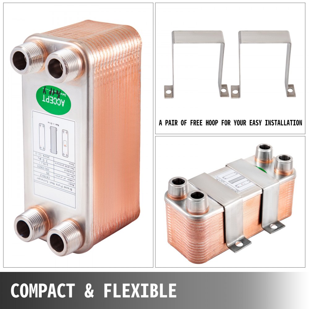 VEVOR Heat Exchanger 3\"x7.5\" 30 Plates Brazed Plate Heat Exchanger 316L 3/4\" MPT Heat Exchanger B12-30 Beer Wort Chiller for Hydronic Heating