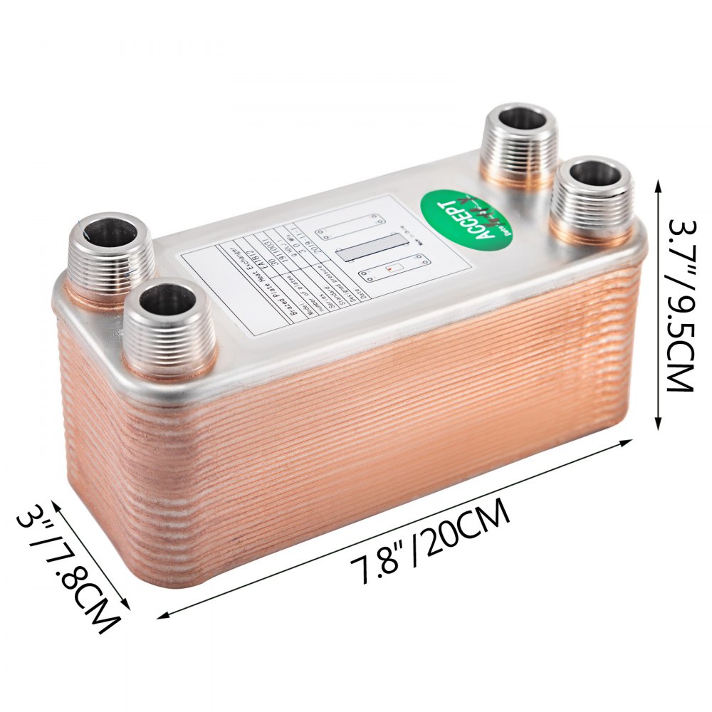 VEVOR Heat Exchanger 3\"x7.5\" 30 Plates Brazed Plate Heat Exchanger 316L 3/4\" MPT Heat Exchanger B12-30 Beer Wort Chiller for Hydronic Heating