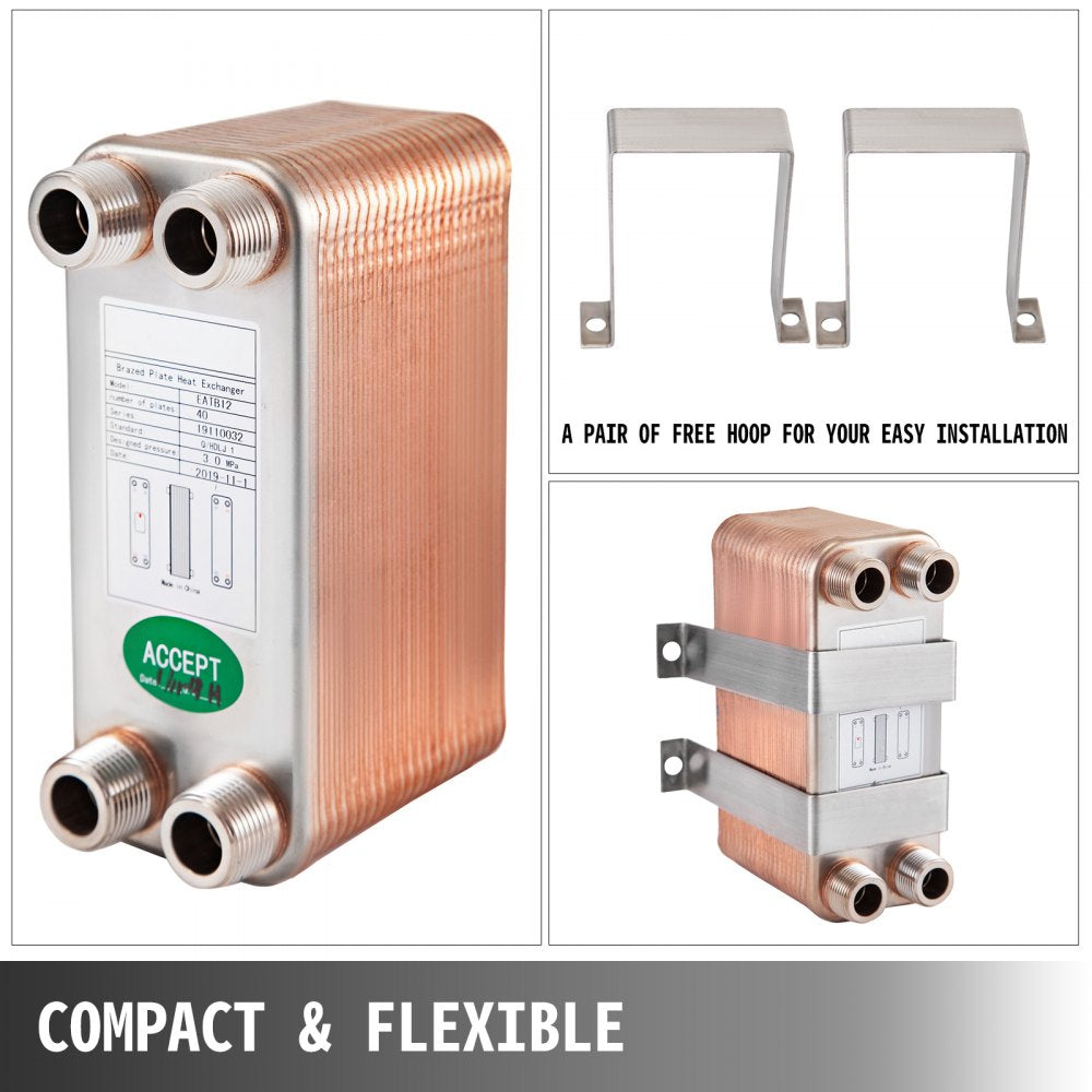 VEVOR Heat Exchanger 3\"x7.5\" 40 Plates Brazed Plate Heat Exchanger 316L 3/4\" MPT Heat Exchanger B3-12A Beer Wort Chiller for Hydronic Heating