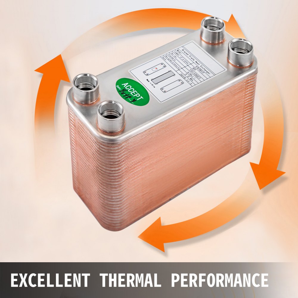 VEVOR Heat Exchanger 3\"x7.5\" 60 Plates Brazed Plate Heat Exchanger 316L 1/2\" BSP FPT Heat Exchanger EATB12 Beer Wort Chiller for Hydronic Heating