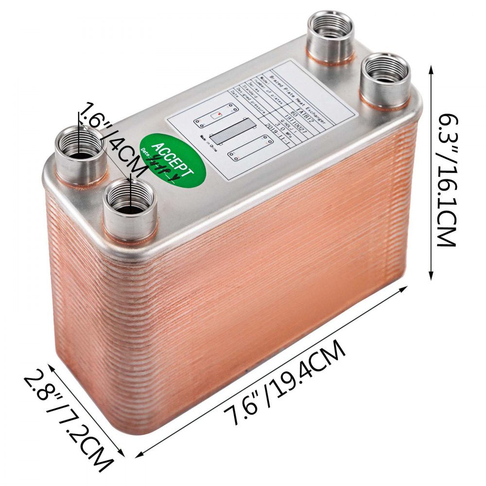 VEVOR Heat Exchanger 3\"x7.5\" 60 Plates Brazed Plate Heat Exchanger 316L 1/2\" BSP FPT Heat Exchanger EATB12 Beer Wort Chiller for Hydronic Heating