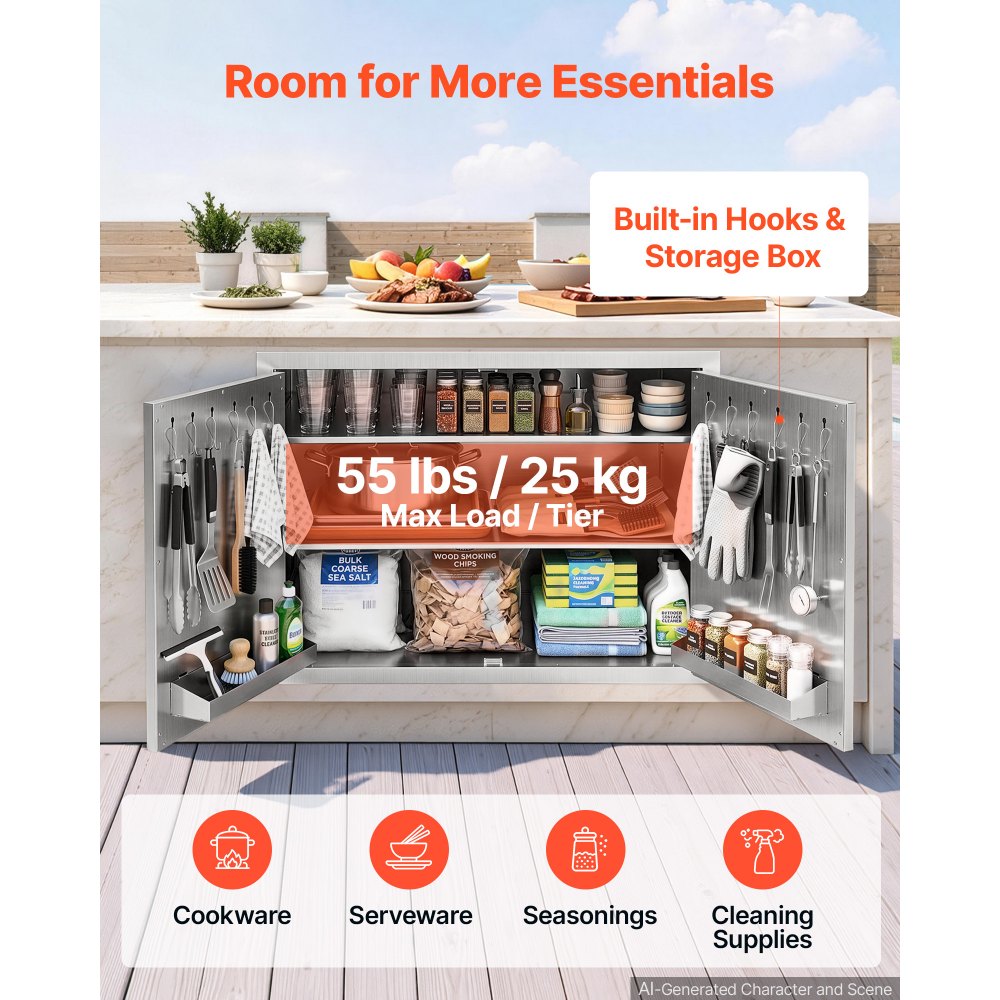 VEVOR Outdoor Kitchen Cabinet, 30"W x 20"H x 20"D, 3-Tier Storage Shelves, for BBQ Island Storage, Patio Bars and Grill Station, with Handle, Built-In BBQ Island Drawers Organize Cookware Accessories