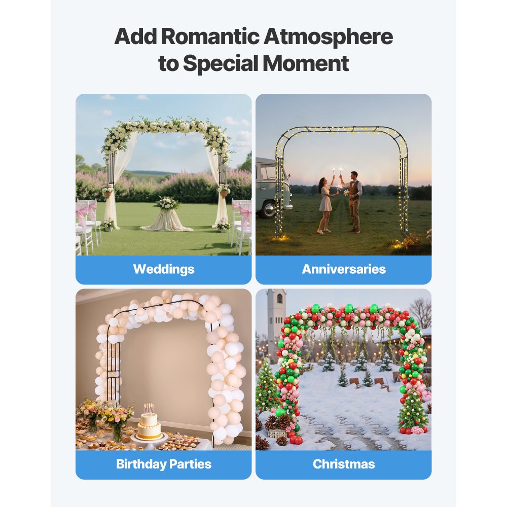 VEVOR Garden Arbor, 94.5 (H) x 98.5 (W) x 15.8 (D) in Metal Archway, Sturdy Outdoor Trellis Arch with Stakes, Easy to Assemble, Pergola Arbor for Plant Climbing Yard Lawn Wedding Party Decoration