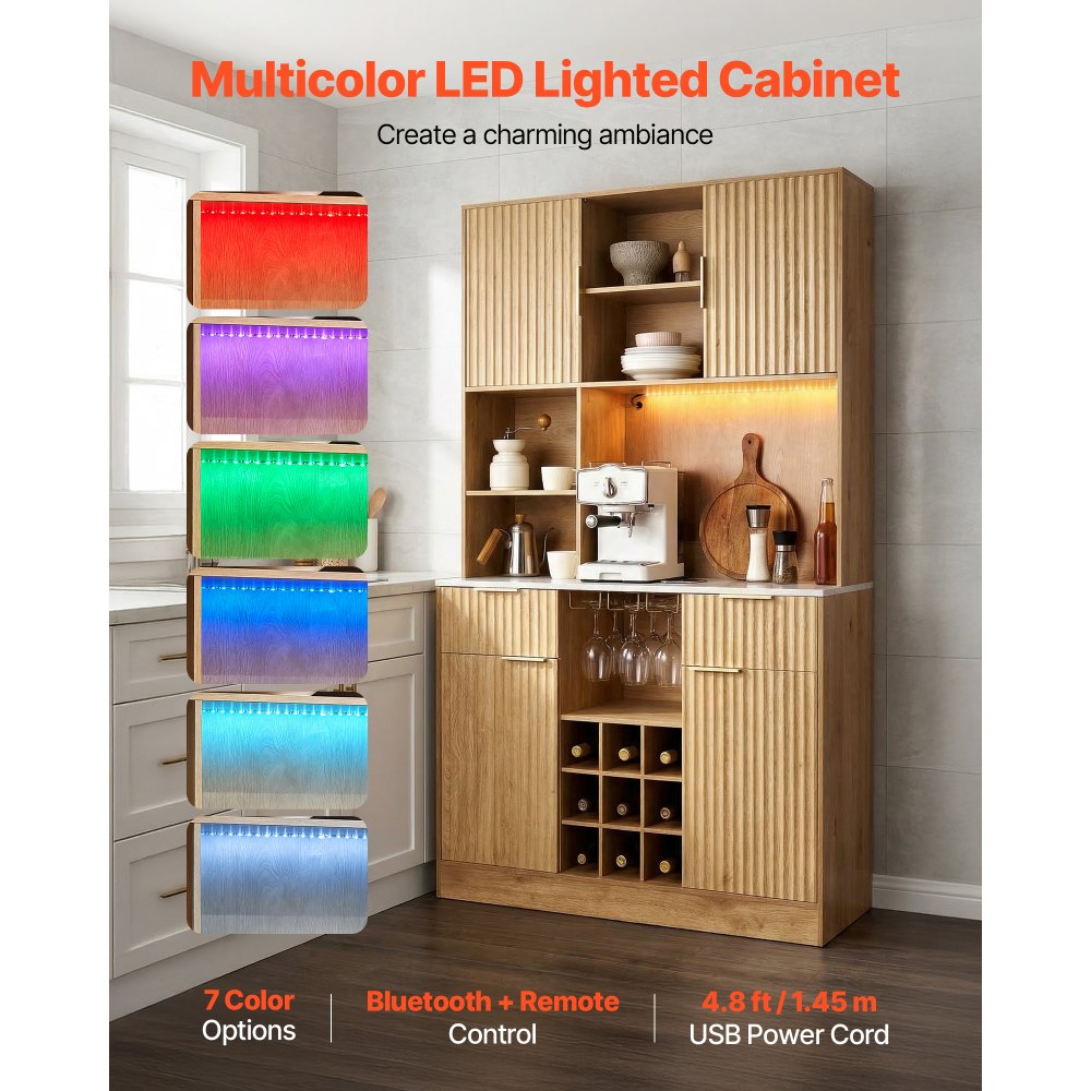 VEVOR Wine Cabinet, Coffee Bar Cabinet with 9 Wine Bottle Racks, Modern Buffet Sideboard with Glass Holder, LED Light, Charging Station, for Home Kitchen, Living Room, Dining Room, Natural Wood Finish