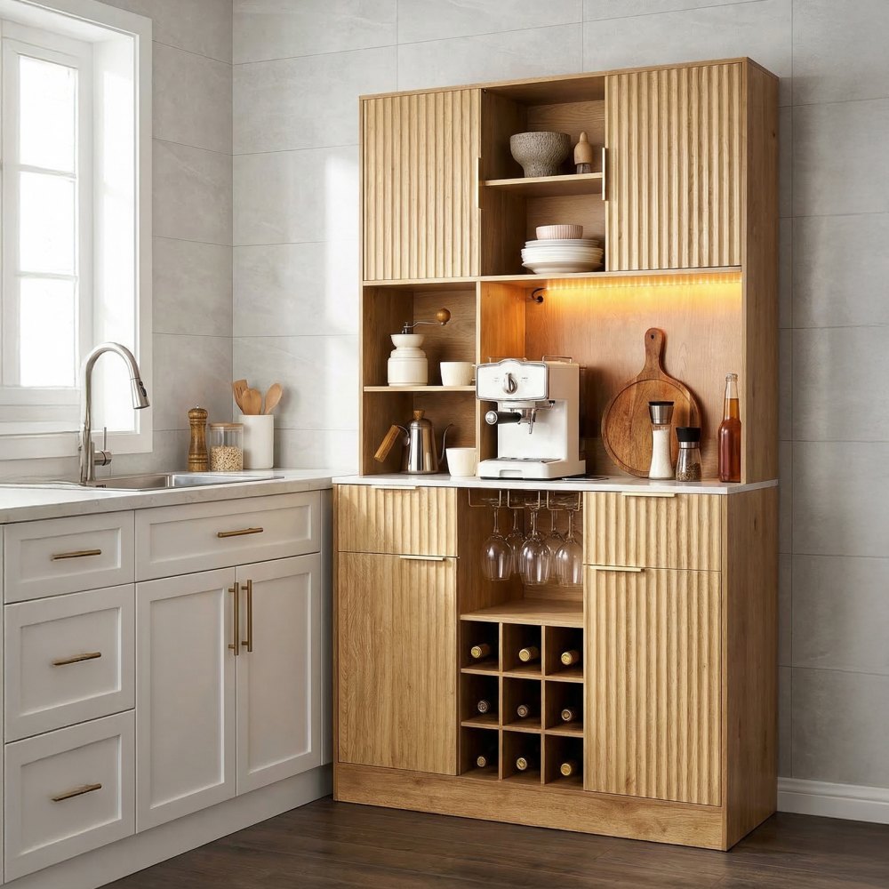 VEVOR Wine Cabinet, Coffee Bar Cabinet with 9 Wine Bottle Racks, Modern Buffet Sideboard with Glass Holder, LED Light, Charging Station, for Home Kitchen, Living Room, Dining Room, Natural Wood Finish