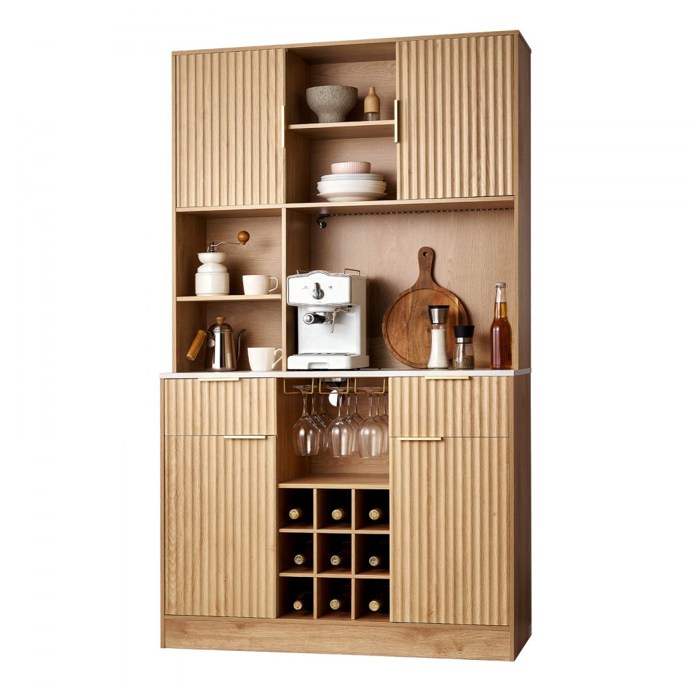 VEVOR Wine Cabinet, Coffee Bar Cabinet with 9 Wine Bottle Racks, Modern Buffet Sideboard with Glass Holder, LED Light, Charging Station, for Home Kitchen, Living Room, Dining Room, Natural Wood Finish
