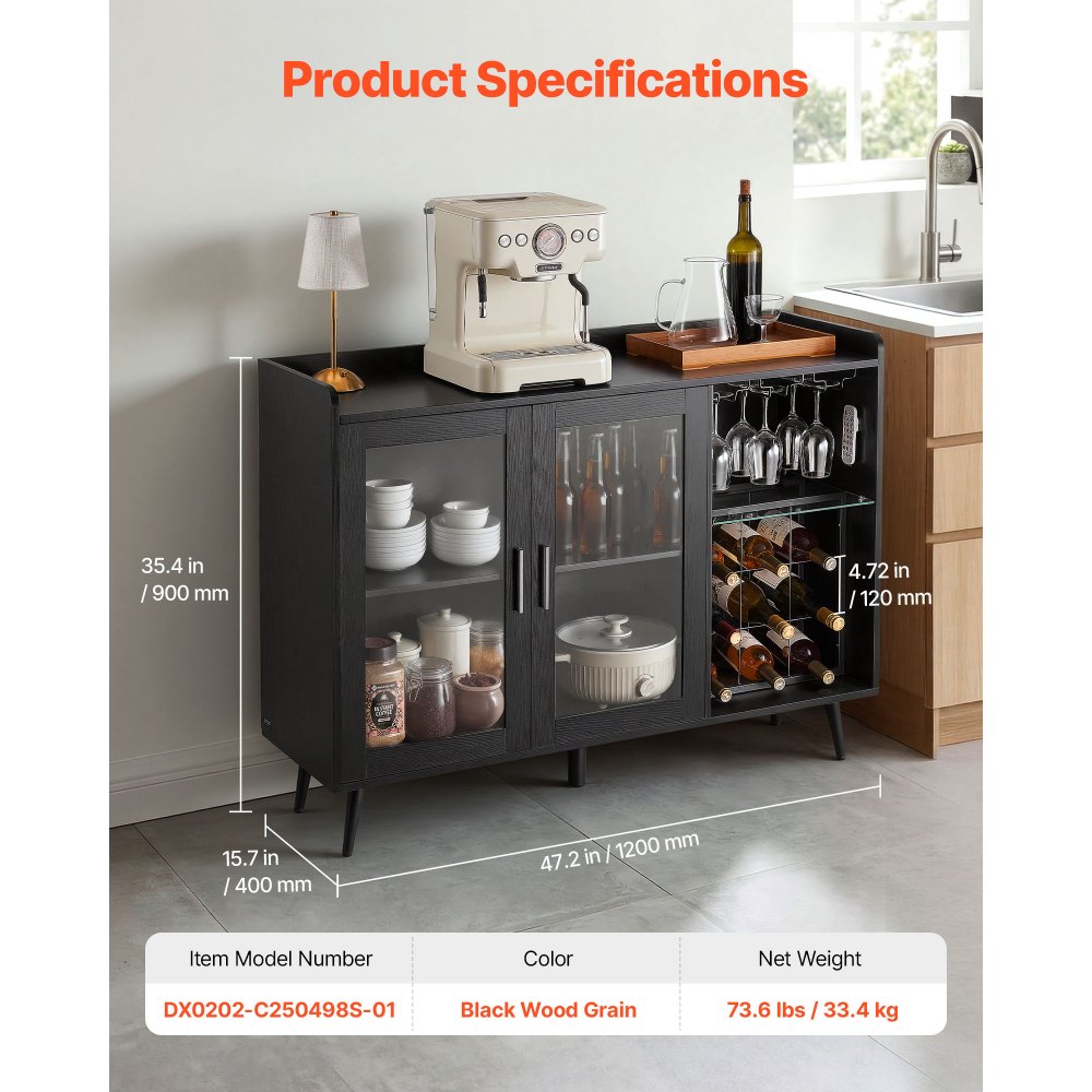 VEVOR Wine Cabinet, Coffee Bar Cabinet with 9 Wine Bottle Racks, Modern Buffet Sideboard with Glass Holder, Adjustable LED Brightness, for Home Kitchen, Living Room, Dining Room, Black Wood Grain