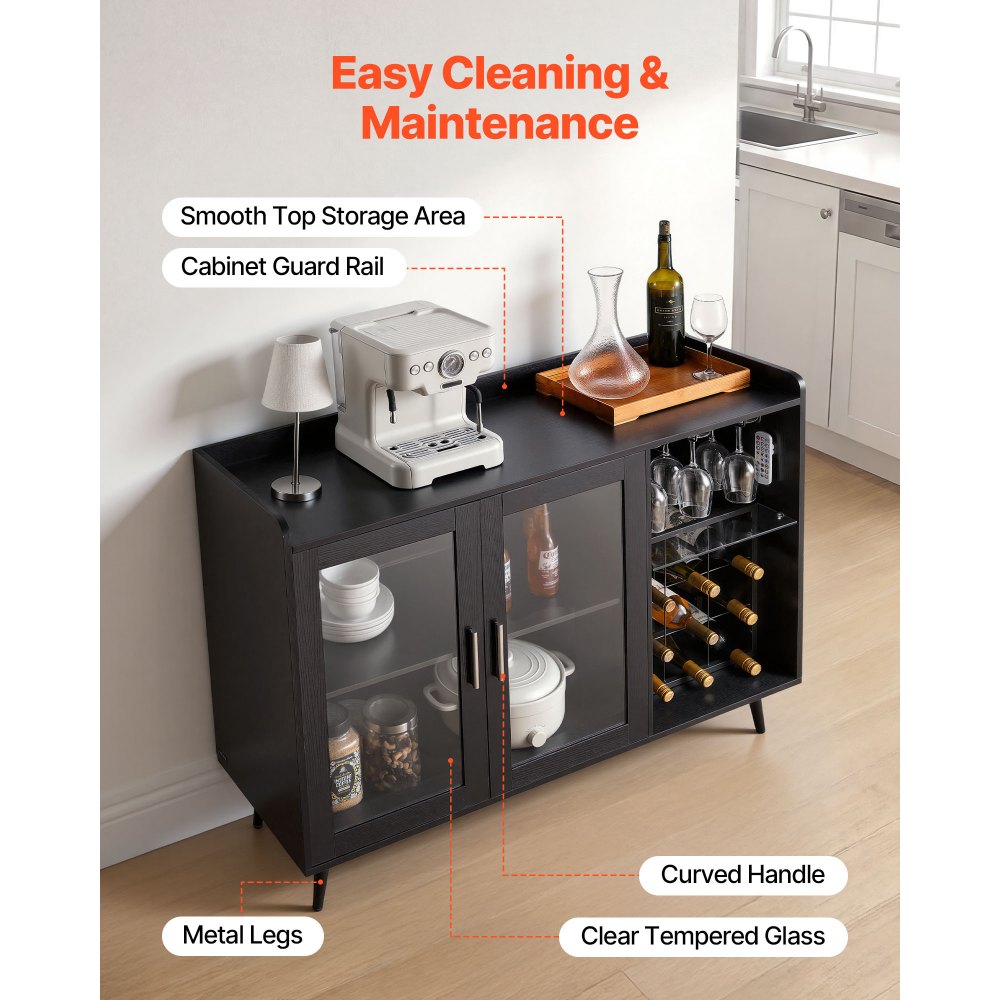 VEVOR Wine Cabinet, Coffee Bar Cabinet with 9 Wine Bottle Racks, Modern Buffet Sideboard with Glass Holder, Adjustable LED Brightness, for Home Kitchen, Living Room, Dining Room, Black Wood Grain