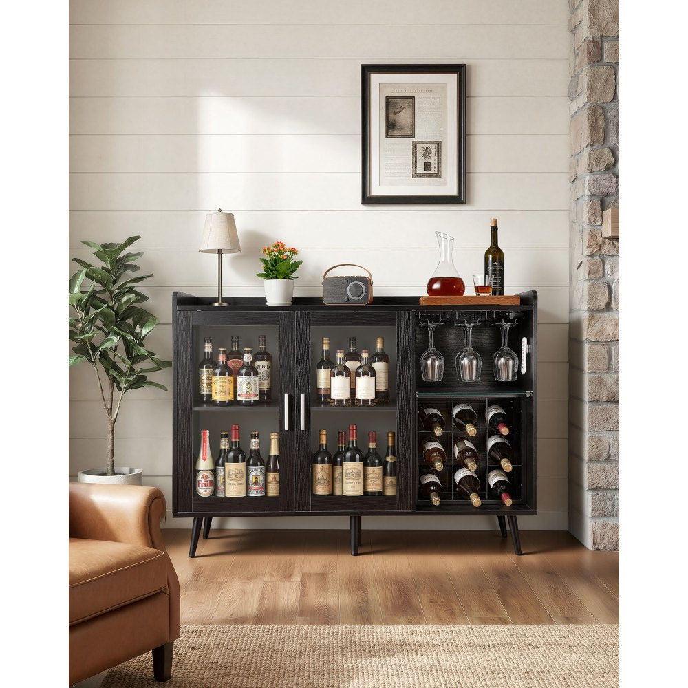 VEVOR Wine Cabinet, Coffee Bar Cabinet with 9 Wine Bottle Racks, Modern Buffet Sideboard with Glass Holder, Adjustable LED Brightness, for Home Kitchen, Living Room, Dining Room, Black Wood Grain