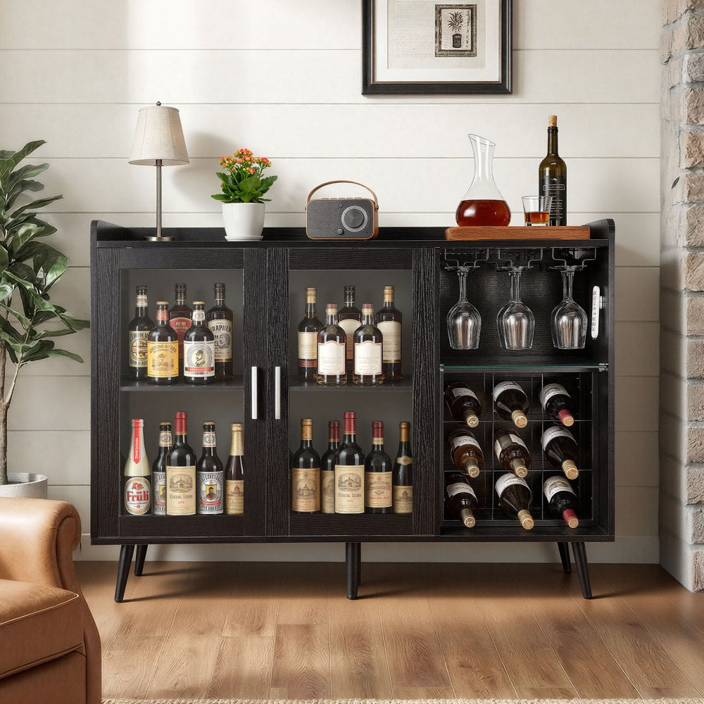 VEVOR Wine Cabinet, Coffee Bar Cabinet with 9 Wine Bottle Racks, Modern Buffet Sideboard with Glass Holder, Adjustable LED Brightness, for Home Kitchen, Living Room, Dining Room, Black Wood Grain