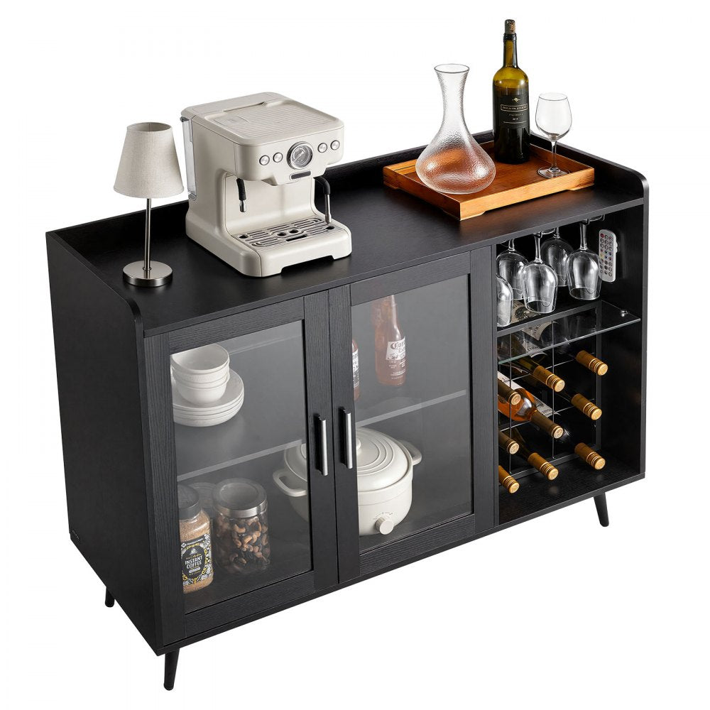 VEVOR Wine Cabinet, Coffee Bar Cabinet with 9 Wine Bottle Racks, Modern Buffet Sideboard with Glass Holder, Adjustable LED Brightness, for Home Kitchen, Living Room, Dining Room, Black Wood Grain