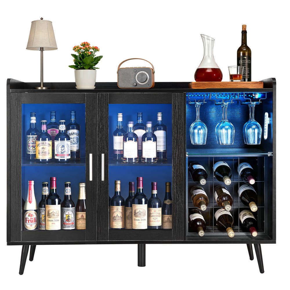 VEVOR Wine Cabinet, Coffee Bar Cabinet with 9 Wine Bottle Racks, Modern Buffet Sideboard with Glass Holder, Adjustable LED Brightness, for Home Kitchen, Living Room, Dining Room, Black Wood Grain